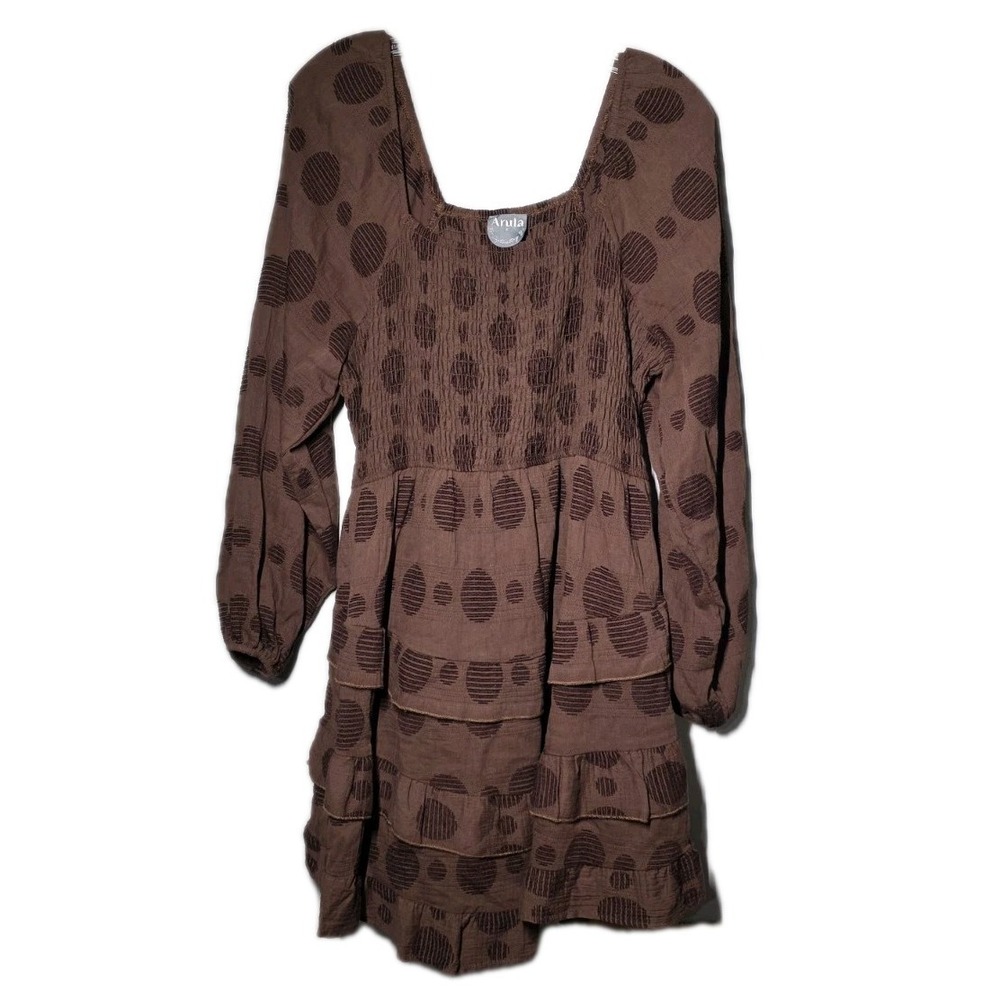 Arula Womens Size X Brown Polka Dot Babydoll smock Long Sleeve Knee Length Dress